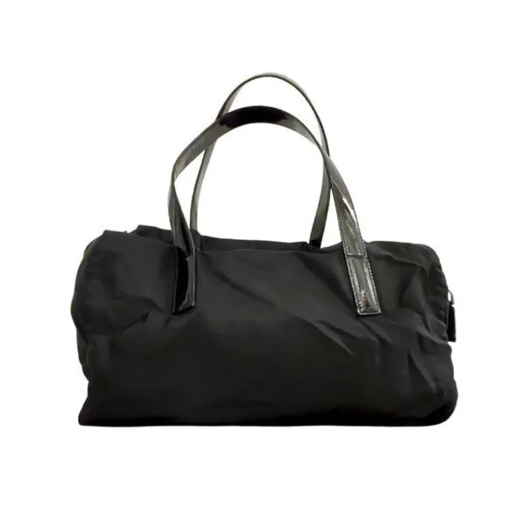 Vintage Prada Zip Satchel Tessuto in Black with Patent Leather Handles